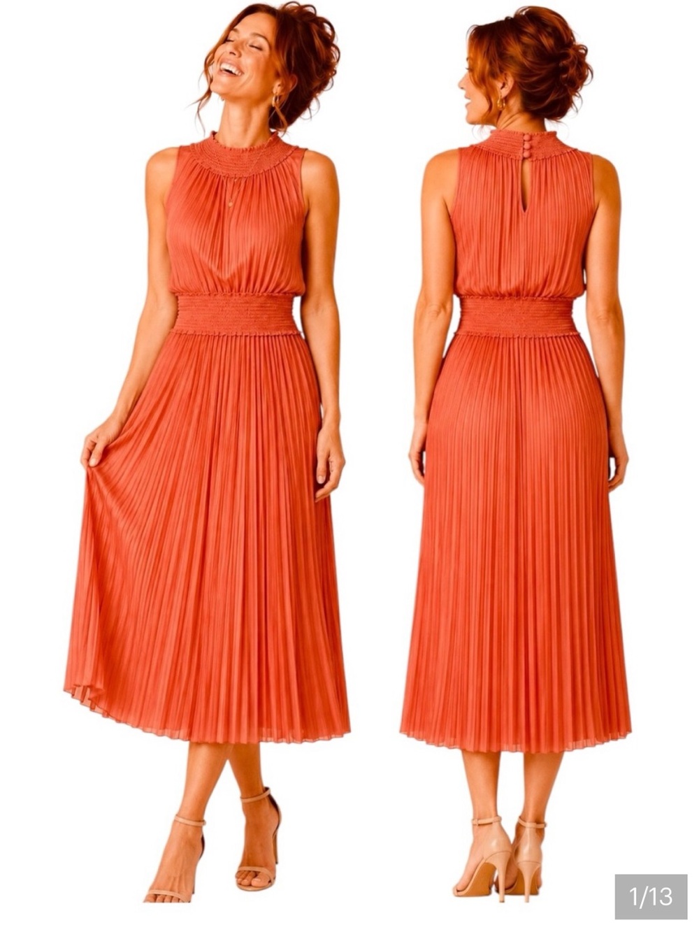 Nanette Lepore Sleeveless orange shimmer smocked Pleated Midi Dress